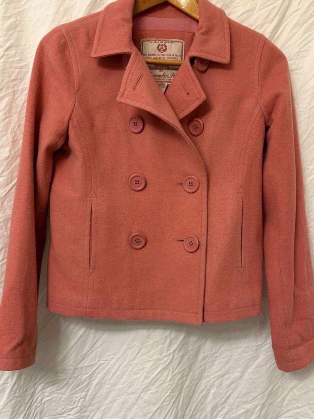 Abercrombie and Finch, East Coast vintage wall, pink pea coat. Size medium.